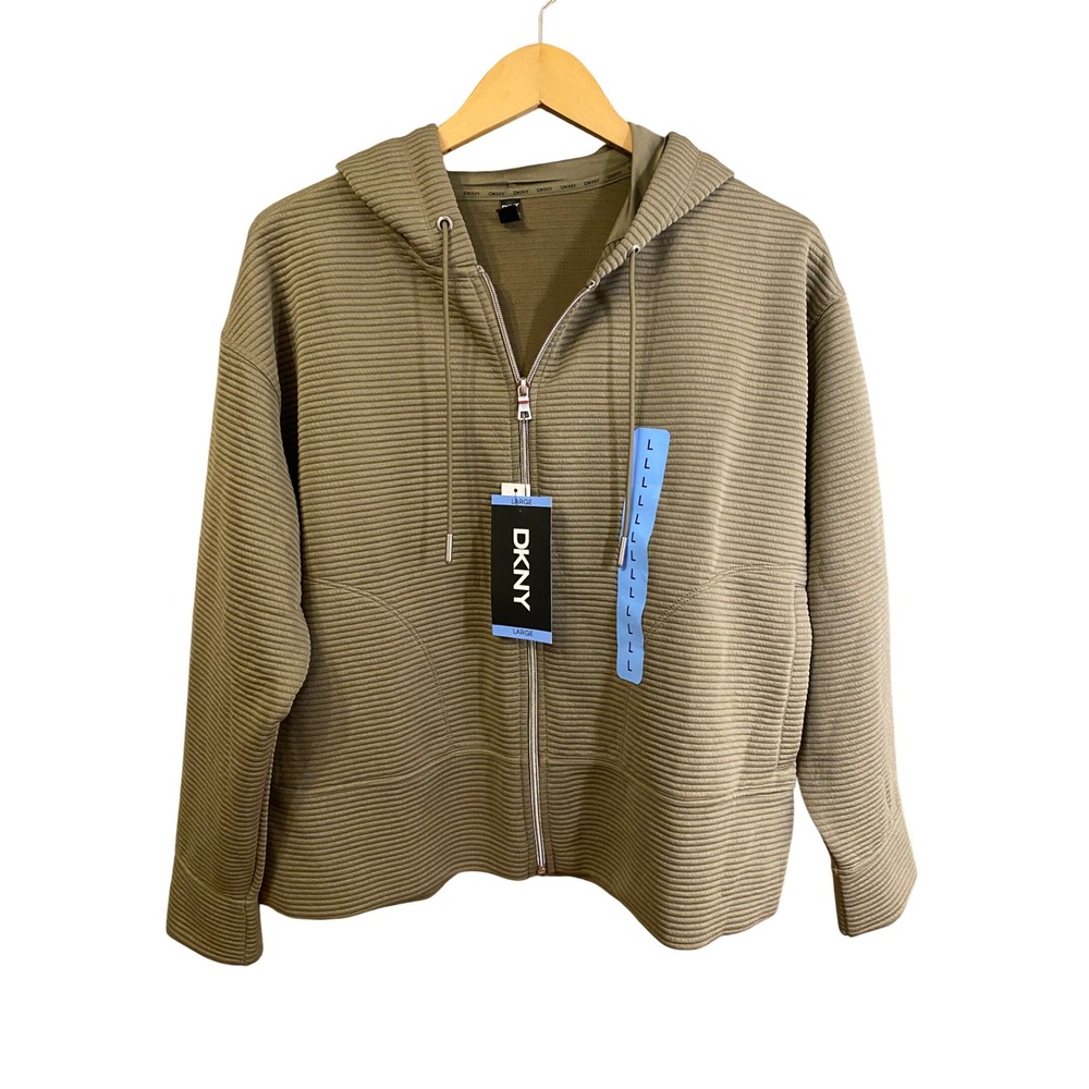 DKNY Women Utility Green Ottoman Full Zip Ribbed Hoodie Sweatshirt DPMJ9667 L